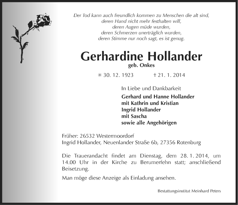  Traueranzeige für Gerhardine Hollander vom 24.01.2014 aus Ostfriesischer Kurier