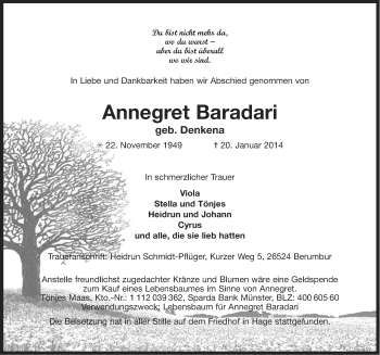 Traueranzeige von Annegret Baradari von Ostfriesischer Kurier