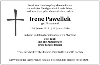 Traueranzeige von Irene Pawellek von Ostfriesischer Kurier