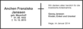 Traueranzeige von Anchen Franziska Janssen von Ostfriesischer Kurier