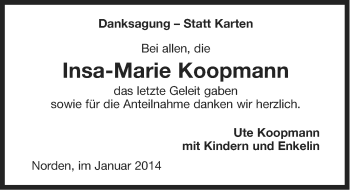 Traueranzeige von Insa-Marie Koopmann von Ostfriesischer Kurier