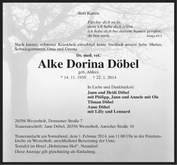Traueranzeige von Alke Dorina DÃ¶bel von Ostfriesischer Kurier