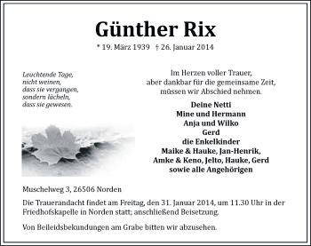 Traueranzeige von Günther Rix von Ostfriesischer Kurier
