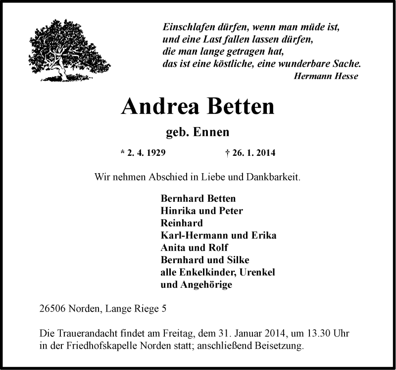  Traueranzeige für Andrea Betten vom 29.01.2014 aus Ostfriesischer Kurier