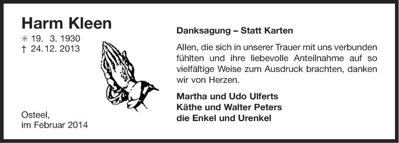  Traueranzeige für Harm Kleen vom 31.01.2014 aus Ostfriesischer Kurier