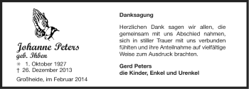 Traueranzeige von Johanne Peters von Ostfriesischer Kurier