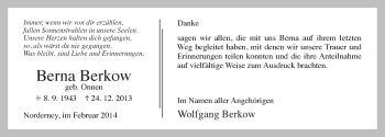 Traueranzeige von Berna Berkow von Ostfriesischer Kurier