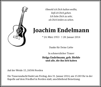 Traueranzeige von Joachim Endelmann von Ostfriesischer Kurier