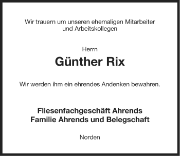 Traueranzeige von Günther Rix von Ostfriesischer Kurier
