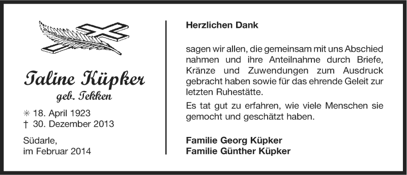  Traueranzeige für Taline Küpker vom 31.01.2014 aus Ostfriesischer Kurier