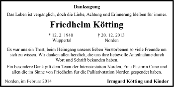 Traueranzeige von Friedhelm Kötting von Ostfriesischer Kurier