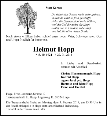 Traueranzeige von Helmut Hopp von Ostfriesischer Kurier