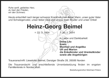 Traueranzeige von Heinz-Georg Beimel von Ostfriesischer Kurier