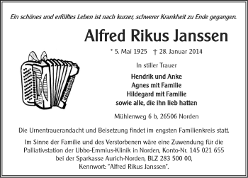 Traueranzeige von Alfred Rikus Janssen von Ostfriesischer Kurier