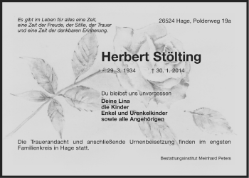 Traueranzeige von Herbert Stölting von Ostfriesischer Kurier