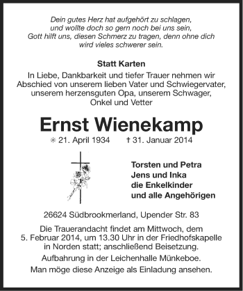 Traueranzeige von Ernst Wienekamp von Ostfriesischer Kurier