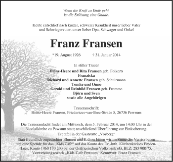 Traueranzeige von Franz Fransen von Ostfriesischer Kurier