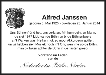 Traueranzeige von Alfred Janssen von Ostfriesischer Kurier