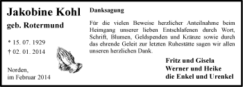 Traueranzeige von Jakobine Kohl von Ostfriesischer Kurier