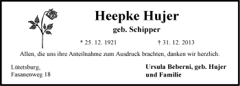 Traueranzeige von Heepke Hujer von Ostfriesischer Kurier