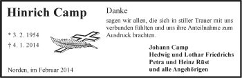 Traueranzeige von Hinrich Camp von Ostfriesischer Kurier