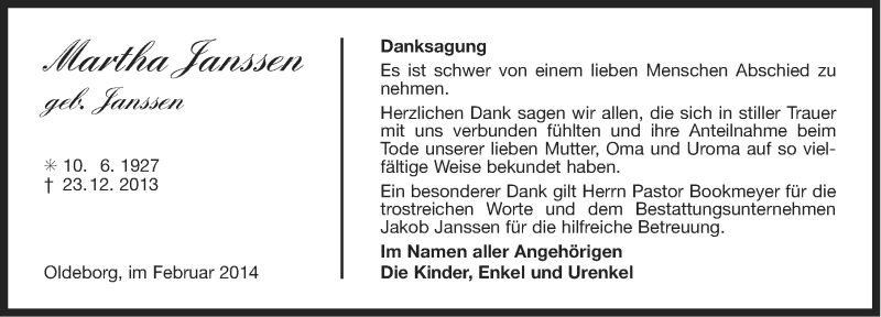  Traueranzeige für Martha Janssen vom 08.02.2014 aus Ostfriesischer Kurier