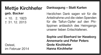 Traueranzeige von Mettje Kirchhefer von Ostfriesischer Kurier