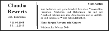 Traueranzeige von Claudia Rewerts von Ostfriesischer Kurier