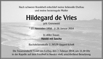 Traueranzeige von Hildegard de Vries von Ostfriesischer Kurier