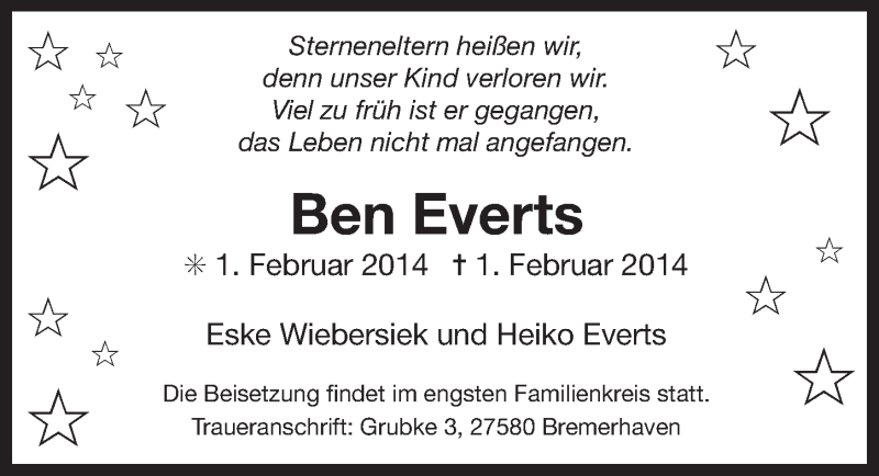  Traueranzeige für Ben Everts vom 06.02.2014 aus Ostfriesischer Kurier