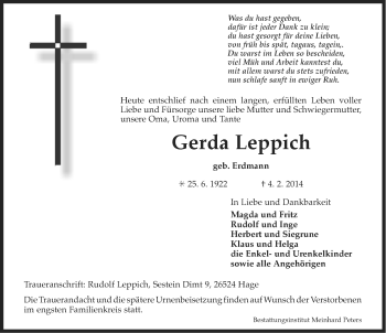 Traueranzeige von Gerda Leppich von Ostfriesischer Kurier