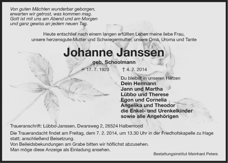  Traueranzeige für Johanne Janssen vom 06.02.2014 aus Ostfriesischer Kurier