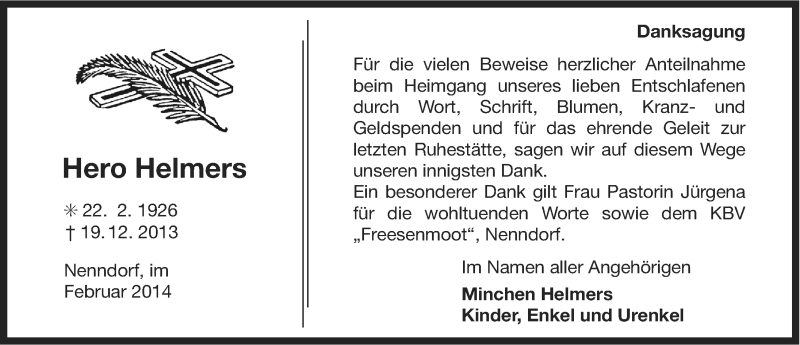  Traueranzeige für Hero Helmers vom 08.02.2014 aus Ostfriesischer Kurier