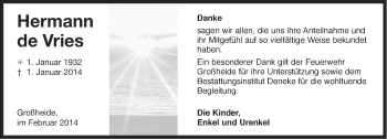 Traueranzeige von Hermann de Vries von Ostfriesischer Kurier