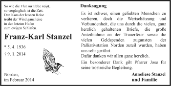 Traueranzeige von Franz-Karl Stanzel von Ostfriesischer Kurier