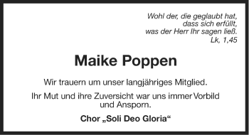 Traueranzeige von Maike Poppen von Ostfriesischer Kurier