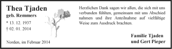 Traueranzeige von Thea Tjaden von Ostfriesischer Kurier