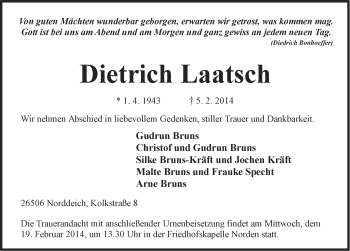 Traueranzeige von Dietrich Laatsch von Ostfriesischer Kurier