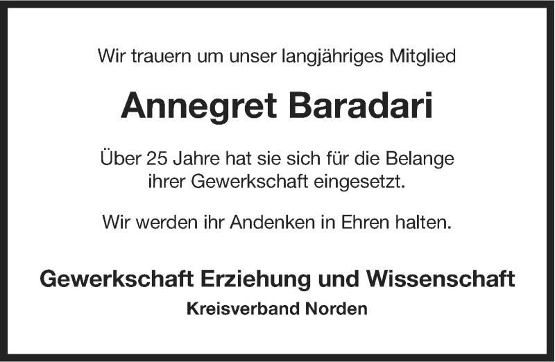  Traueranzeige für Annegret Baradari vom 07.02.2014 aus Ostfriesischer Kurier