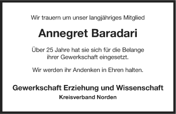 Traueranzeige von Annegret Baradari von Ostfriesischer Kurier