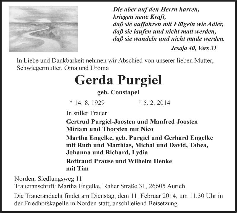  Traueranzeige für Gerda Purgiel vom 07.02.2014 aus Ostfriesischer Kurier