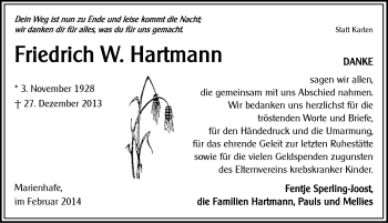Traueranzeige von Friedrich Hartmann von Ostfriesischer Kurier
