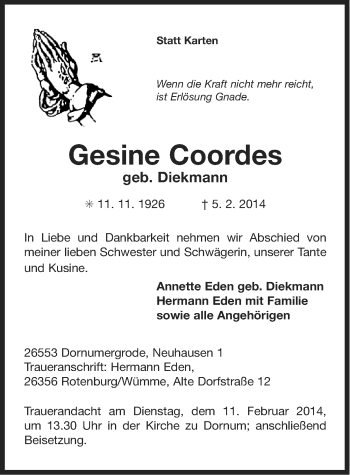 Traueranzeige von Gesine Coordes von Ostfriesischer Kurier