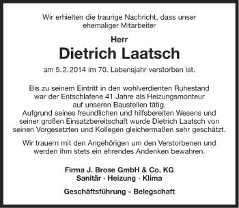 Traueranzeige von Dietrich Laatsch von Ostfriesischer Kurier