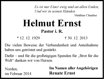 Traueranzeige von Helmut Ernst von Ostfriesischer Kurier