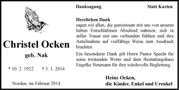 Traueranzeige von Christel Ocken von Ostfriesischer Kurier