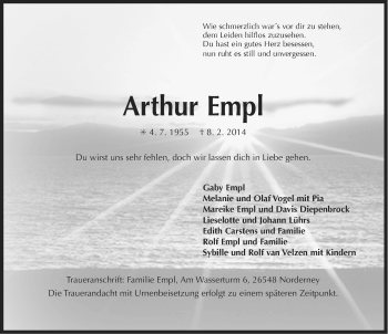 Traueranzeige von Arthur Empl von Ostfriesischer Kurier