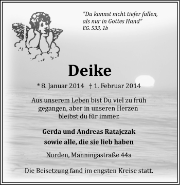 Traueranzeige von Deike  von Ostfriesischer Kurier
