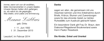 Traueranzeige von Menna Lübbers von Ostfriesischer Kurier