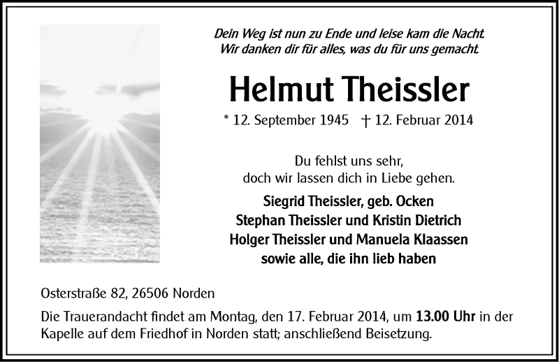  Traueranzeige für Helmut Theissler vom 14.02.2014 aus Ostfriesischer Kurier